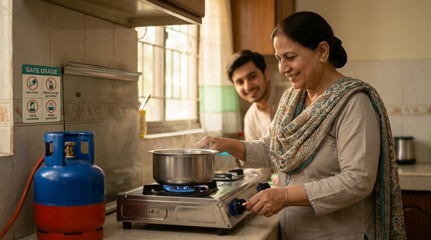 A Pakistani mother cooking on a steady blue gas flame with a Cylin cylinder nearby, warm relief