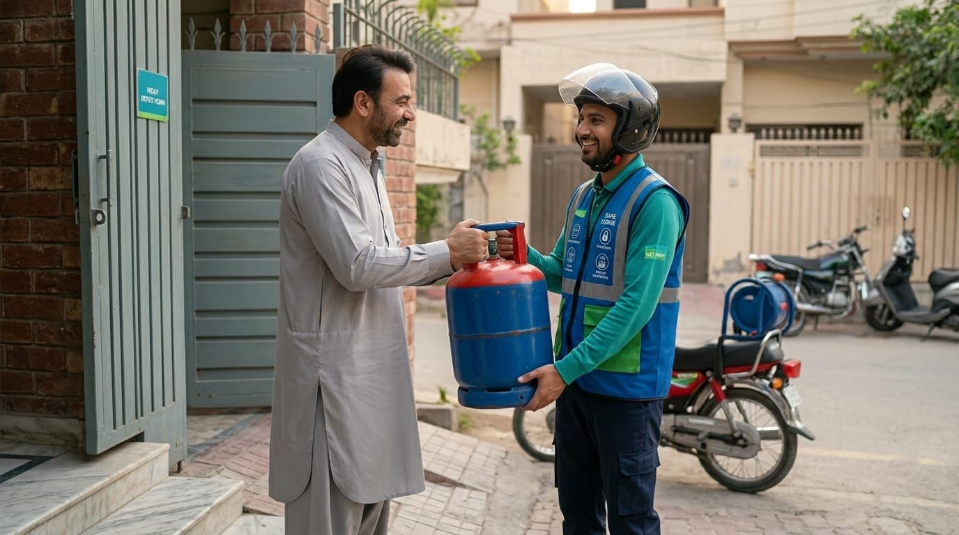 A Cylin delivery rider handing a sealed LPG cylinder to a customer at a Pakistani doorstep