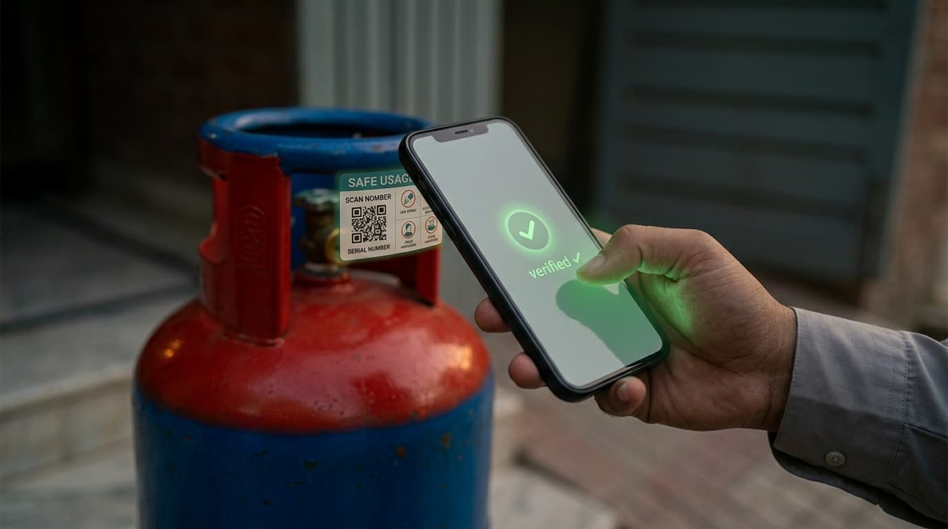 A hand scanning the QR label on an LPG cylinder valve with a verified green glow