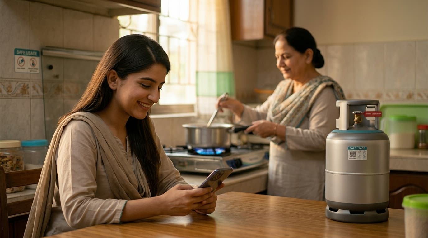 A Pakistani family ordering gas from a phone at the kitchen counter, Ammi cooking behind