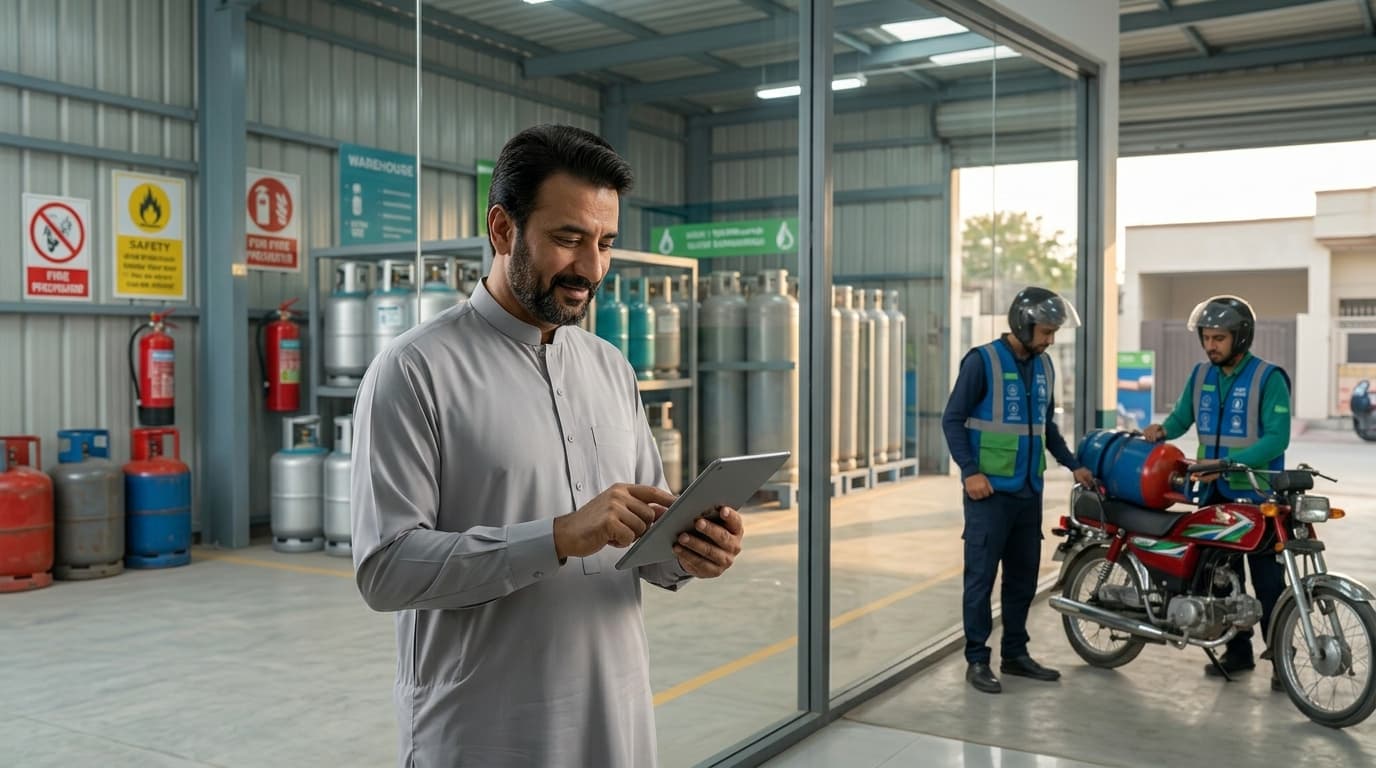 A gas distributor reviewing a dispatch board on a tablet in a tidy depot