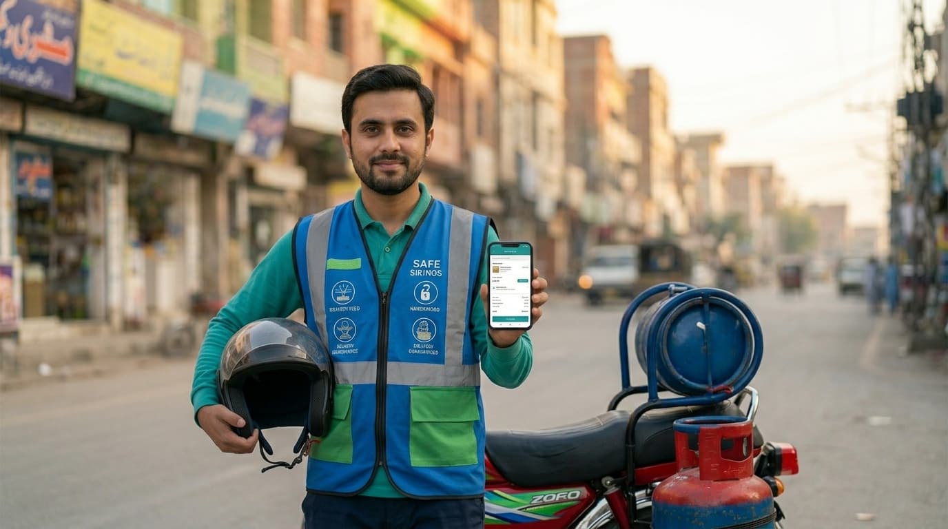 A proud Cylin delivery driver beside his motorbike with a route app, morning light