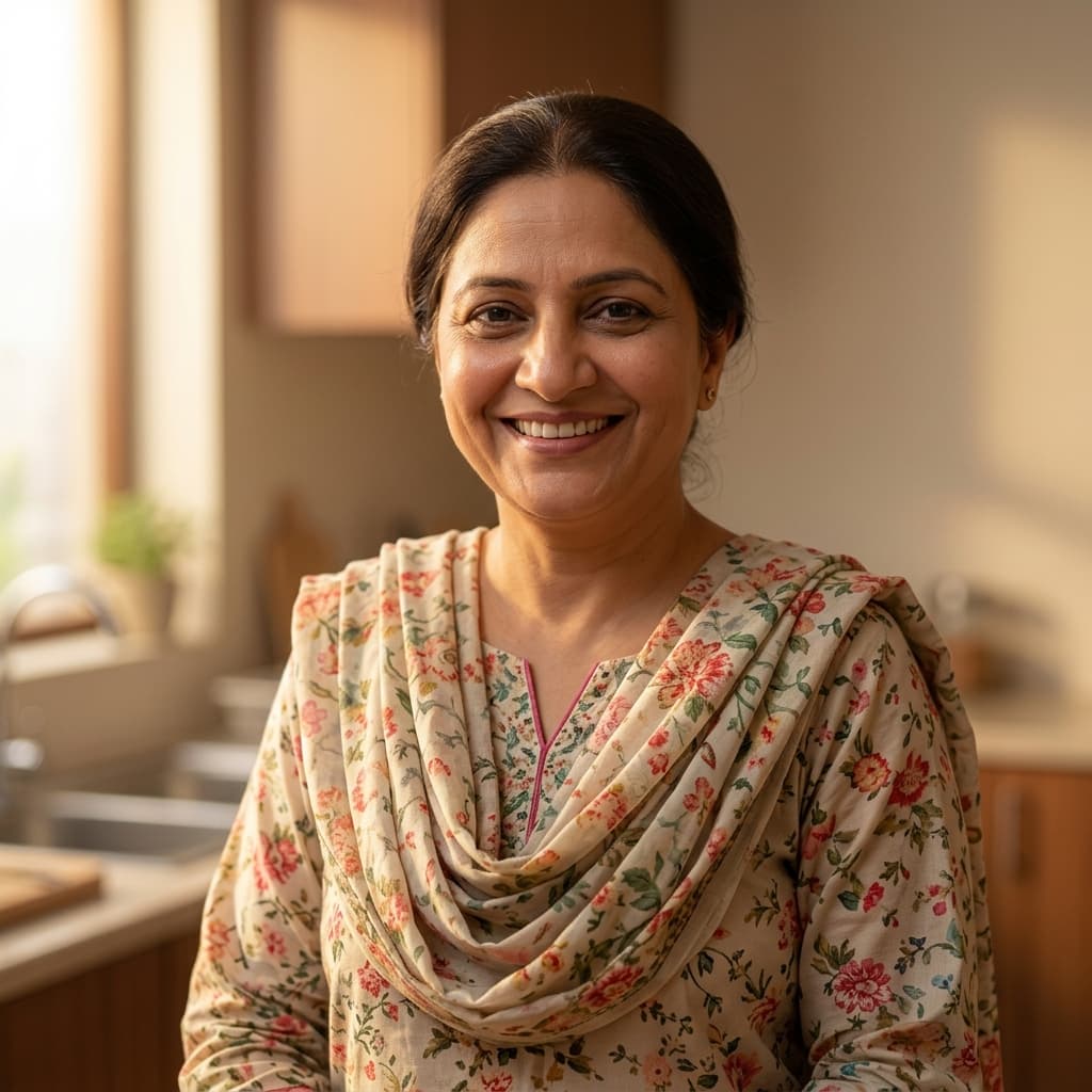 A representative portrait of a Pakistani homemaker in her 40s, warm smile