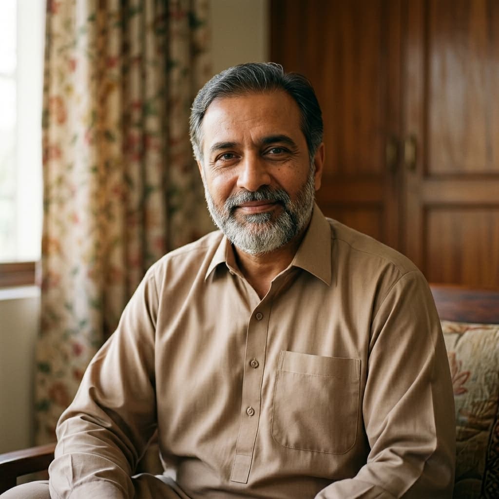 A representative portrait of a Pakistani man in his 50s, kind expression