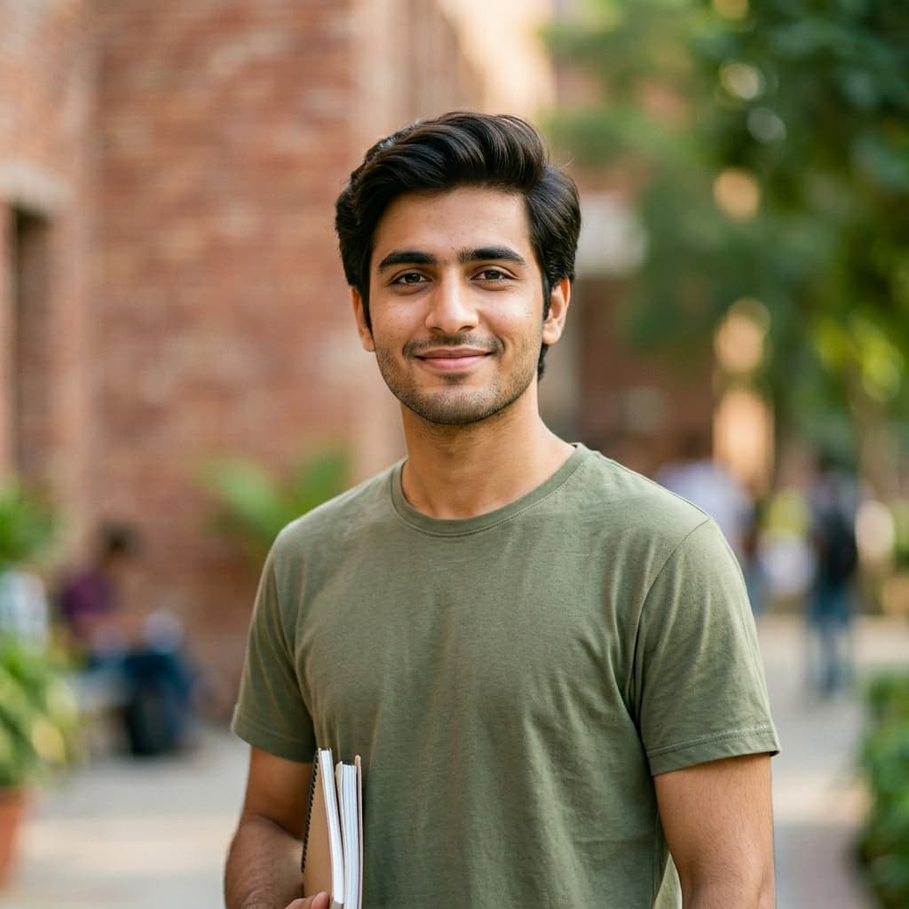 A representative portrait of a Pakistani university student, relaxed smile