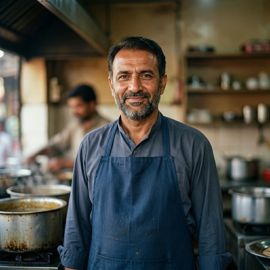 A representative portrait of a Pakistani café owner in an apron, proud smile